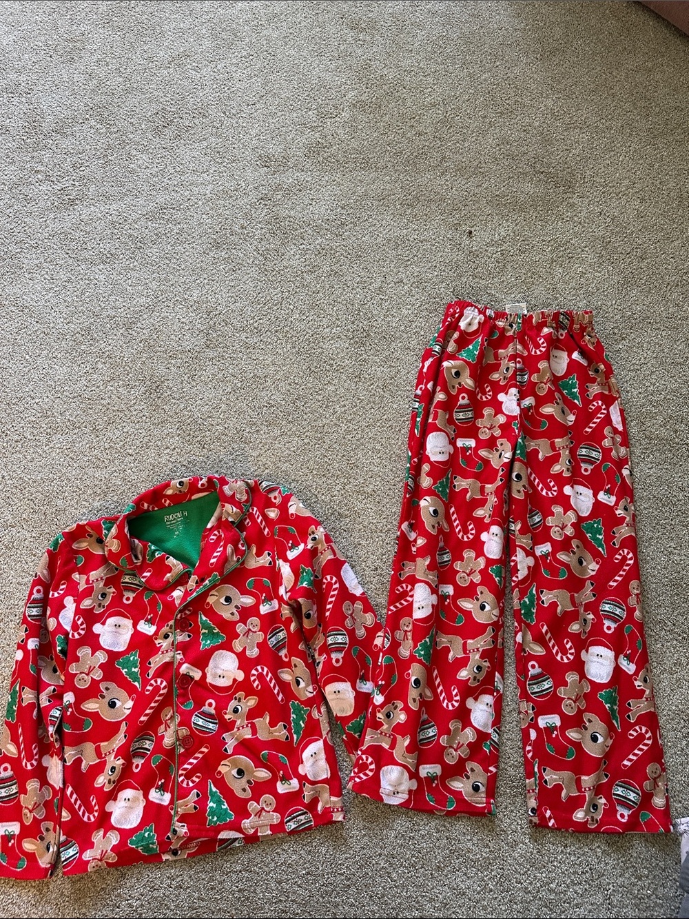 Kids Red Holiday Pajama Set with Santa, Reindeer & Candy Cane Print